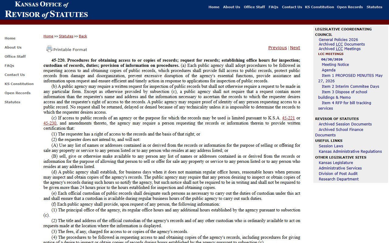 Sheridan County Clerk of the District Court Kansas records request procedure statute