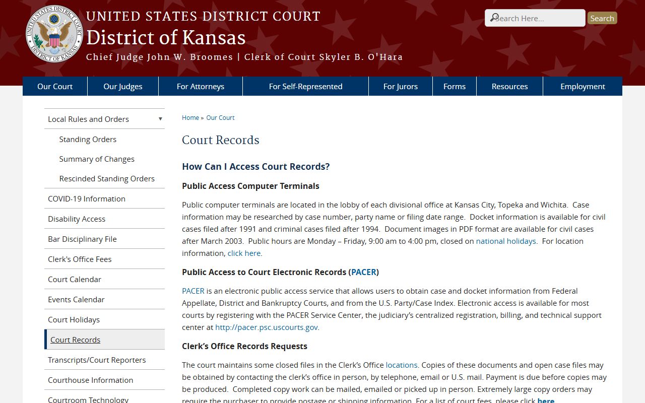 District of Kansas court records page for PACER and public terminal access