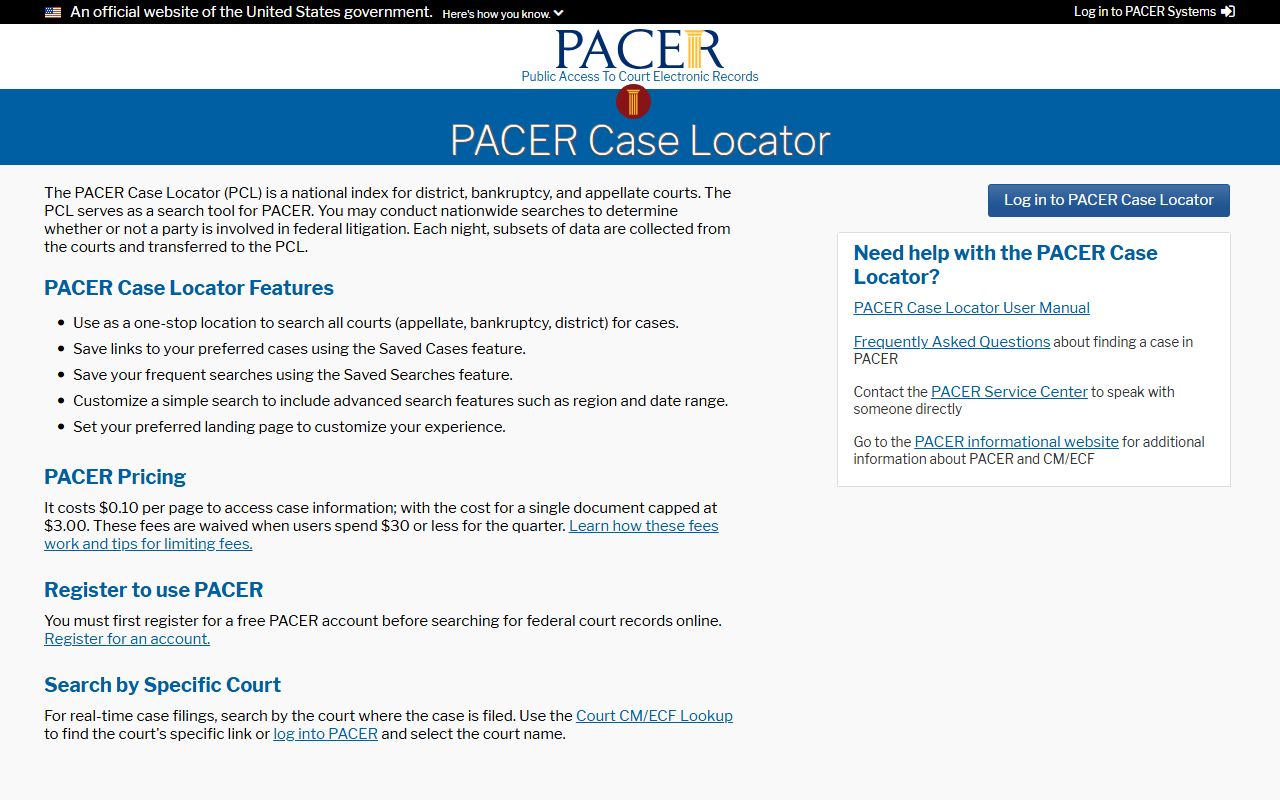 PACER Case Locator for federal case searches