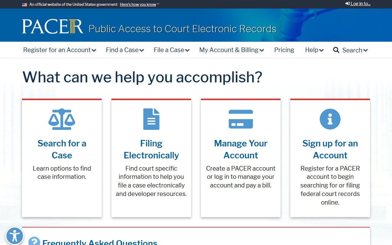PACER federal court records registration and access portal