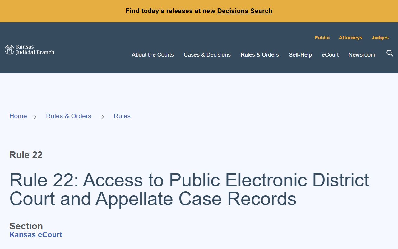 Kansas Supreme Court Rule 22 access to public electronic district court case records