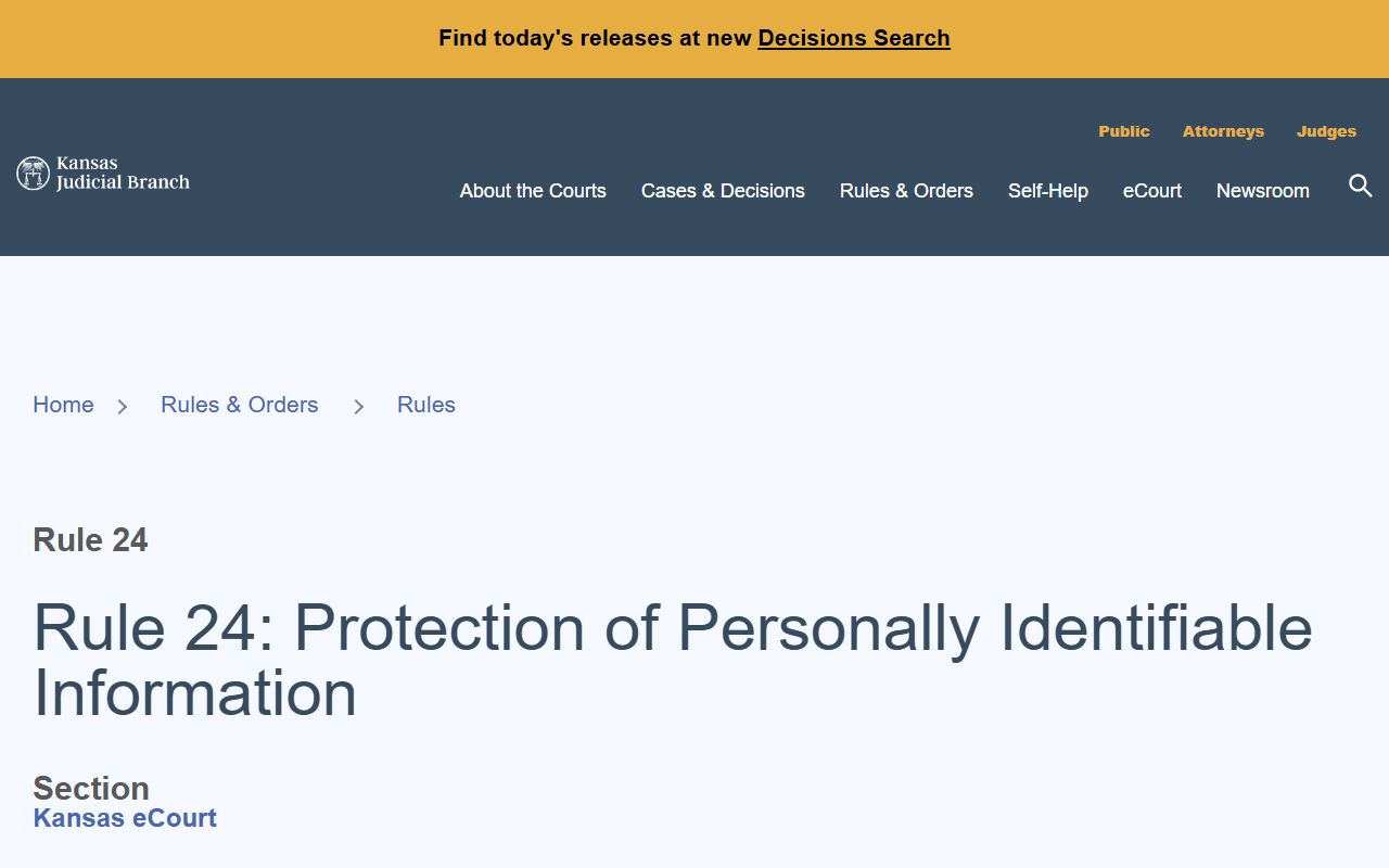 Kansas Supreme Court Rule 24 protection of personally identifiable information in court records