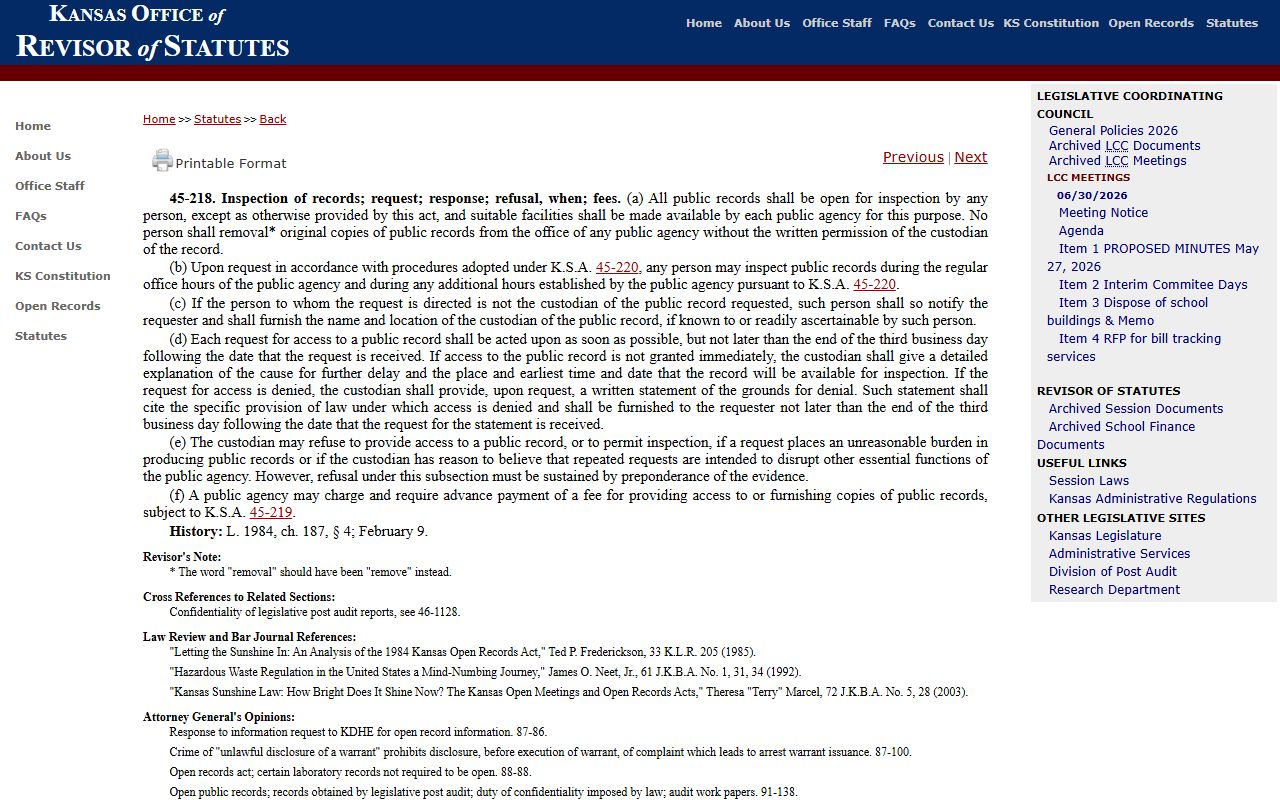 Kansas Open Records Act public inspection statute K.S.A. 45-218