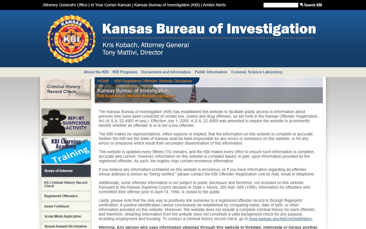 Kansas Bureau of Investigation registered offender registry gateway