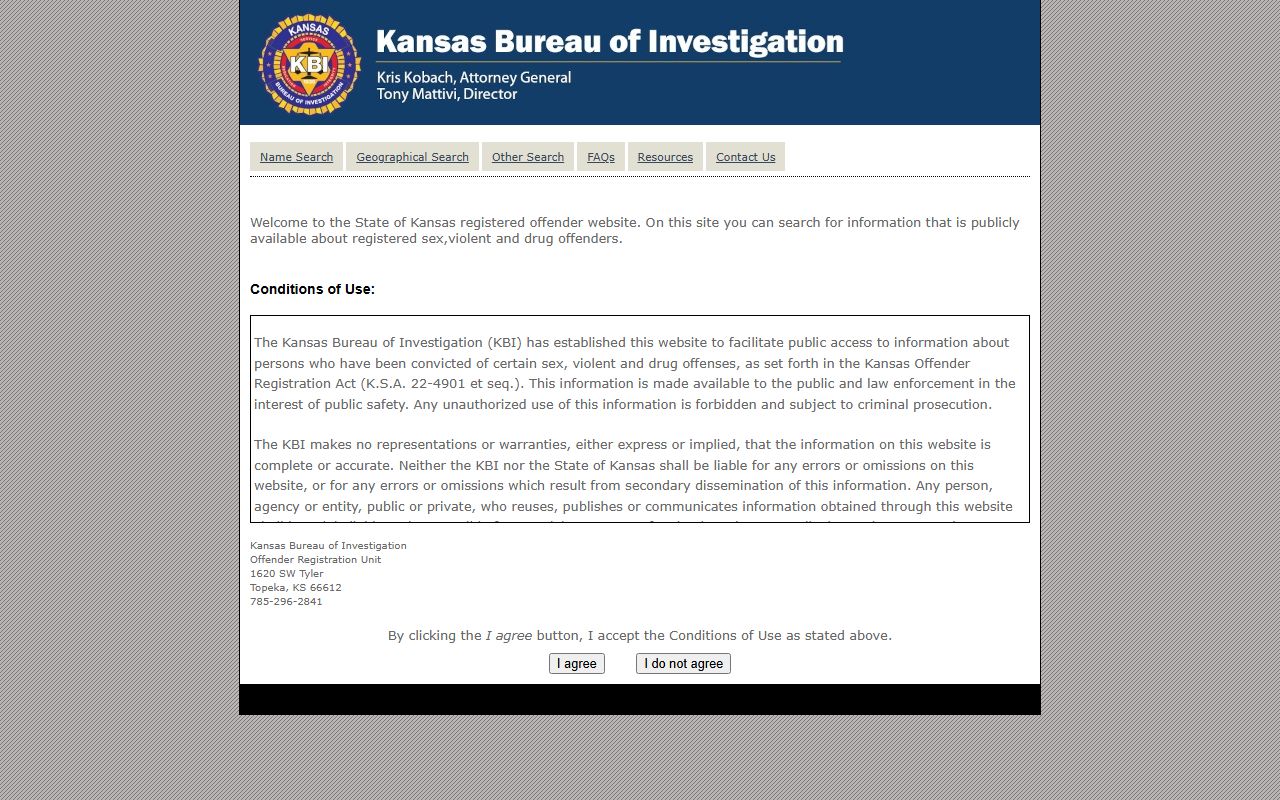 Kansas Bureau of Investigation registered offender search portal