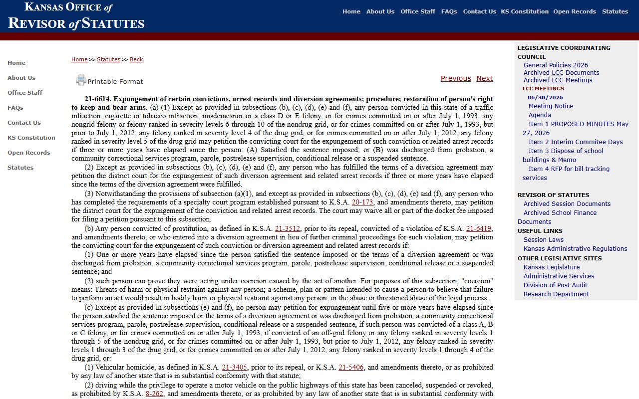 K.S.A. 21-6614 Kansas expungement statute for arrest conviction and diversion records