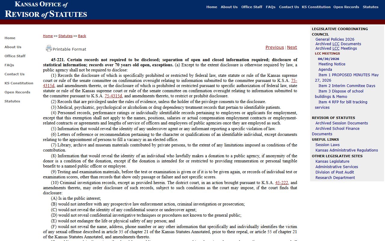 K.S.A. 45-221 Kansas Open Records Act exemptions for criminal investigation and privacy records